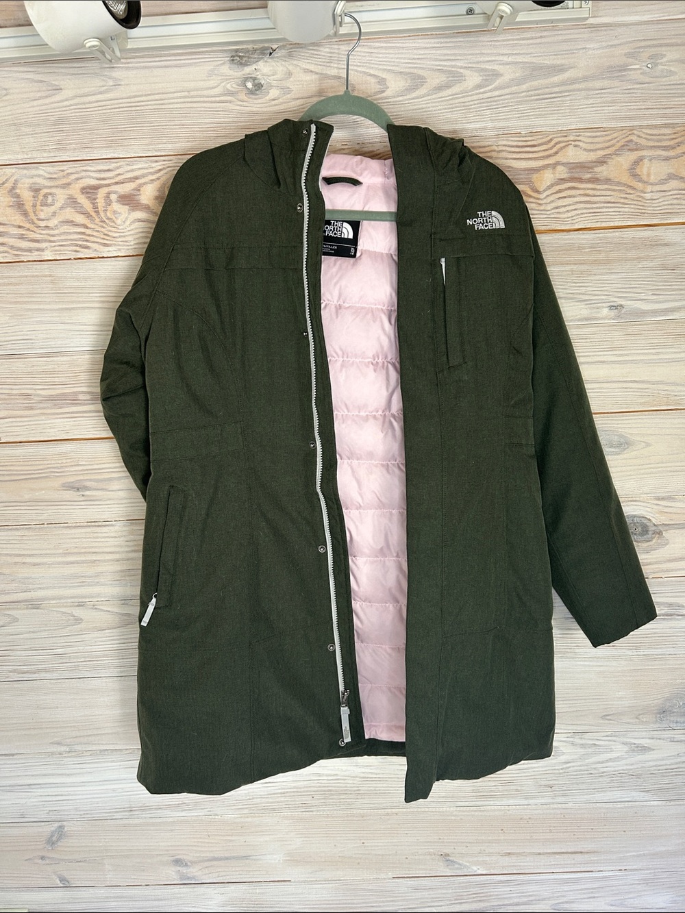 NWOT The North Face Olive Green Hooded Parka with Pink Lining Size YXL